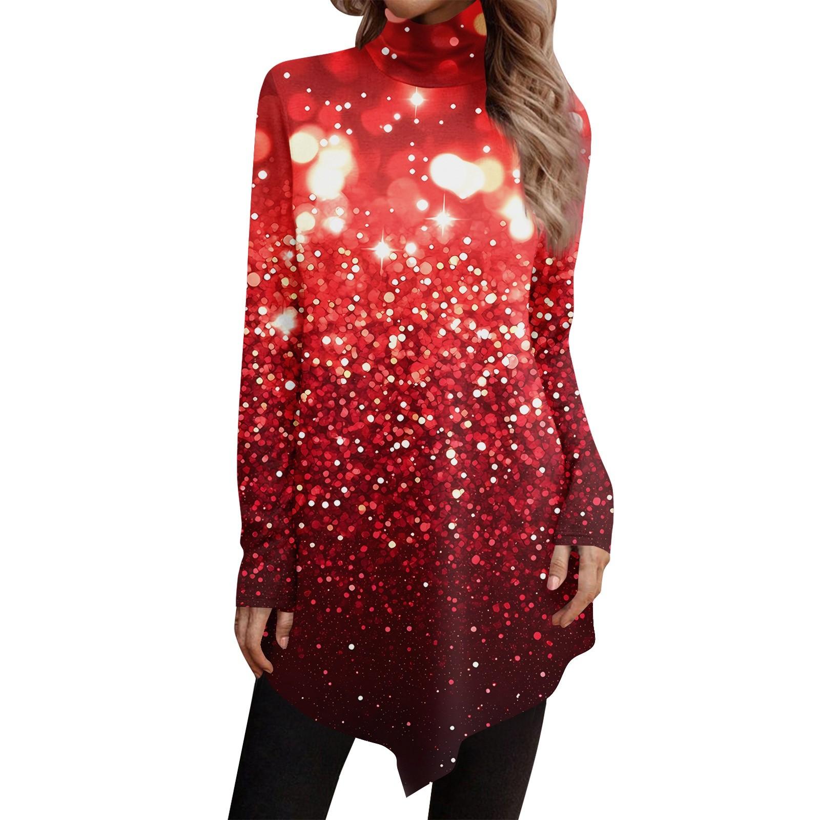 

Повсякденні модні сорочки з різдвяним принтом Топи з високим вирізом і нерегулярним подолом. Пуловери з довгими рукавами L Кіновар