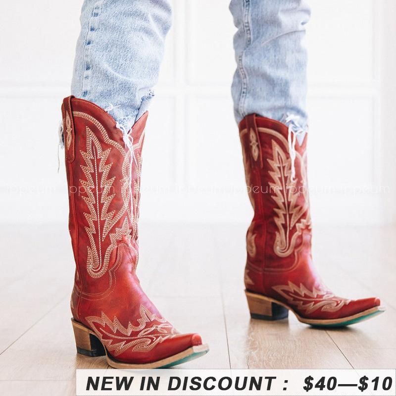 Fashion IPPEUM Red Western Cowboy Boots For Women Embroidered Pointed Toe Shoes Free Shipping Knee High Wide Calf Cowgirl Boots