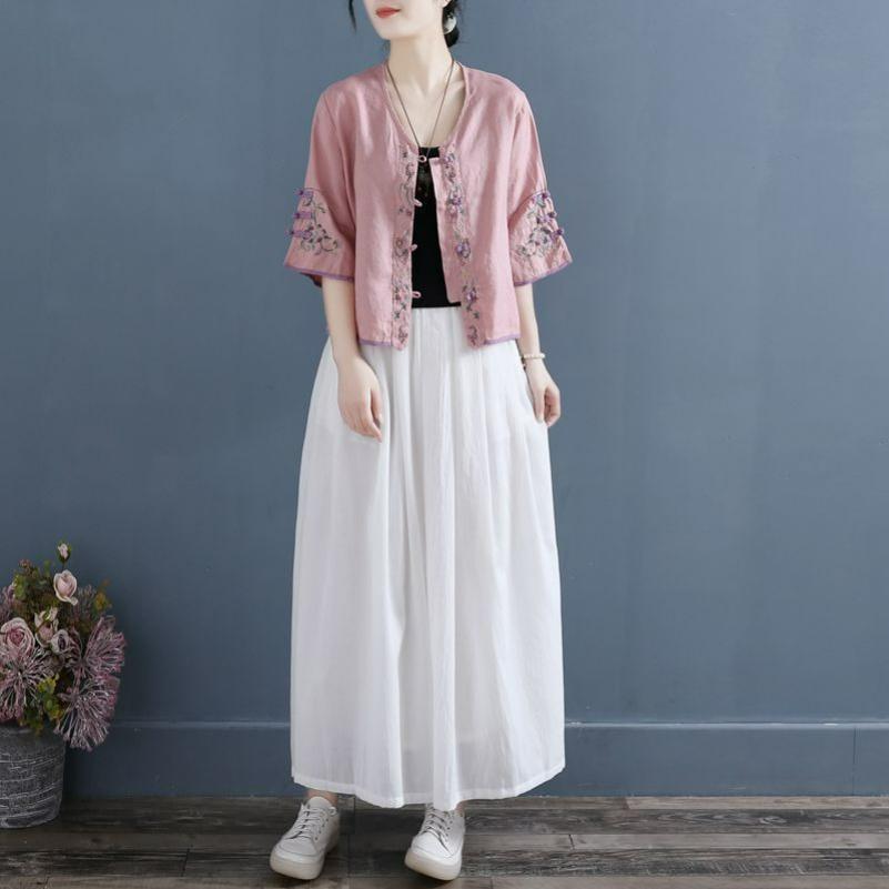 Retro Embroidered Disc Button Linen Cotton Shirt Women's Summer Chinese Zen Tea Dress Loose Short V-neck Top