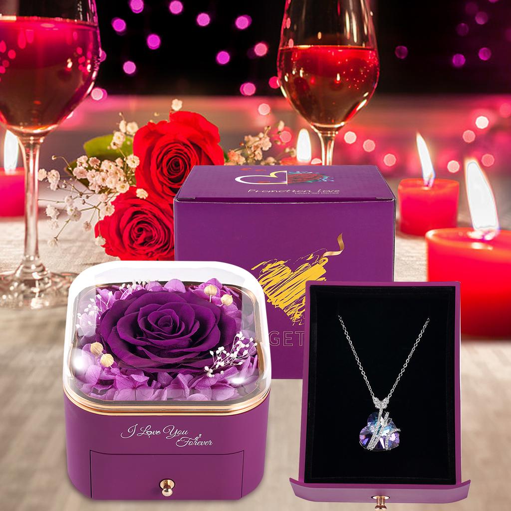 Ewige Blume Rose Schmuck Geschenkbox Mit Herz Halskette Acrylboxen Ringaufbewahrung Displayständer Für Valentinstag Ehe