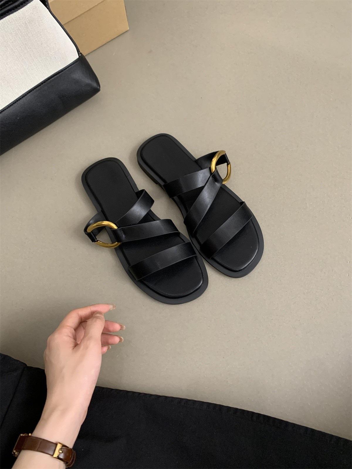 

Women s slippers women s summer wear new French sandals temperament fairy style with skirt casual flat beach shoes 35