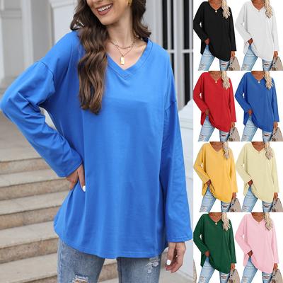 Women's Fashion V-neck T-shirt Loose Drop Shoulder Sleeve V-neck Solid Colour Long Sleeve Tops