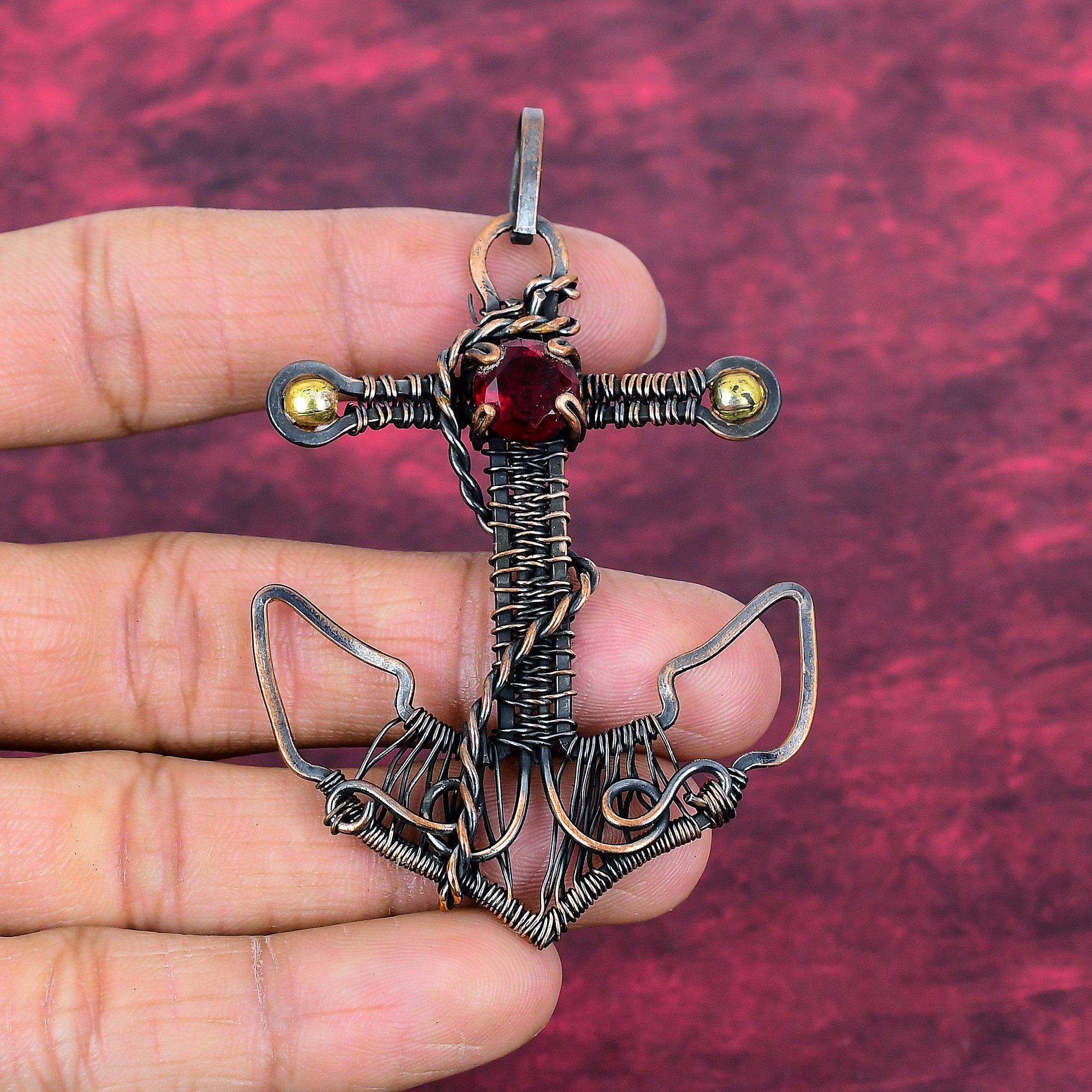 Faceted Mozambique Garnet Gemstone Pendant Copper Wire Wrapped Anchor Pendant