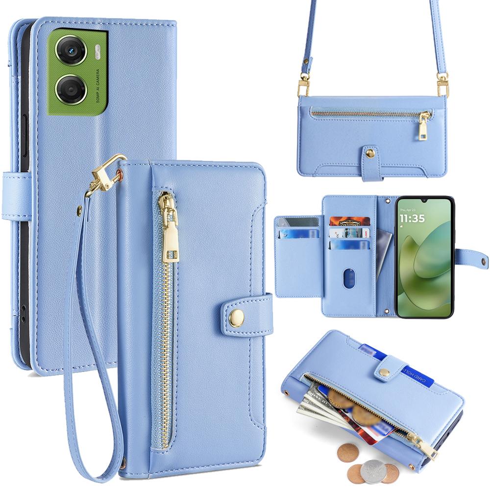For Motorola Moto G06 4G Leather Case Zipper Pocket Wallet Phone Cover with 2 Straps