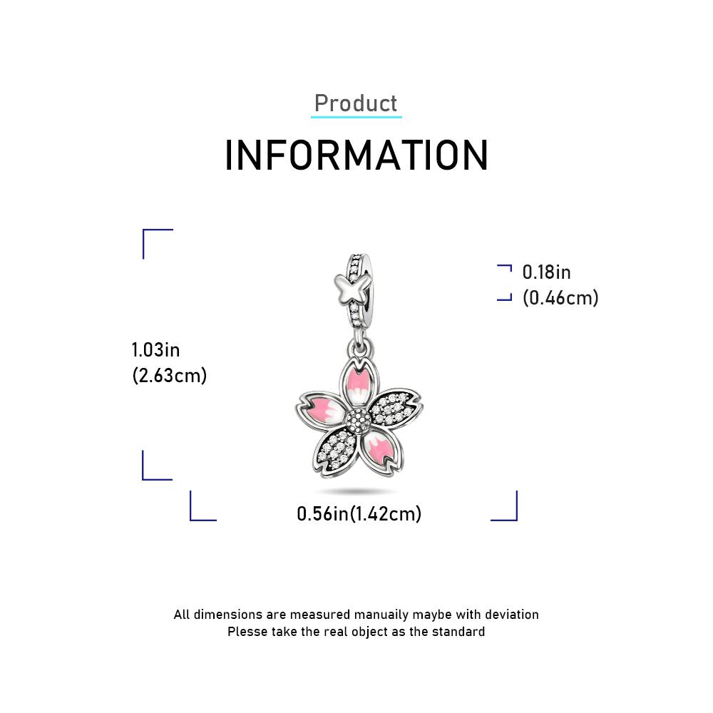 Plata 925 Colgante Amuletos Flor de Cerezo Rosa Esmaltado 3D Decoración Flor Azul Pulsera de Cuentas Joyería Artesanal Detallada Regalo