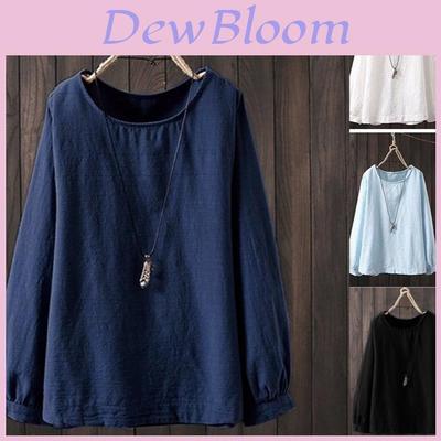 Cotton Linen Long Sleeve Shirt For Women With Round Neck And Relaxed Fit