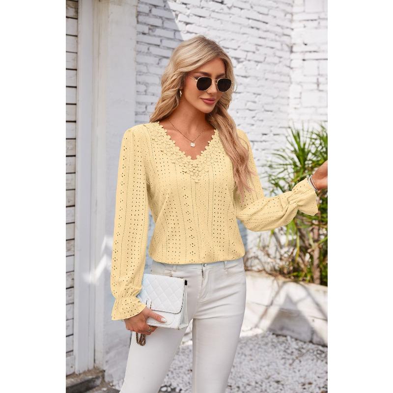 Dámská móda Ležérní jednobarevné halenky a košile s dlouhým rukávem a výstřihem do V