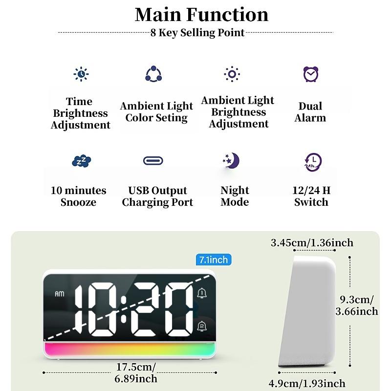 LED Digital Alarm Clock with Colorful Mood Light Night Mode Snooze 12/24H 5 Levels Brightness 2 Alarm DST Table Clock