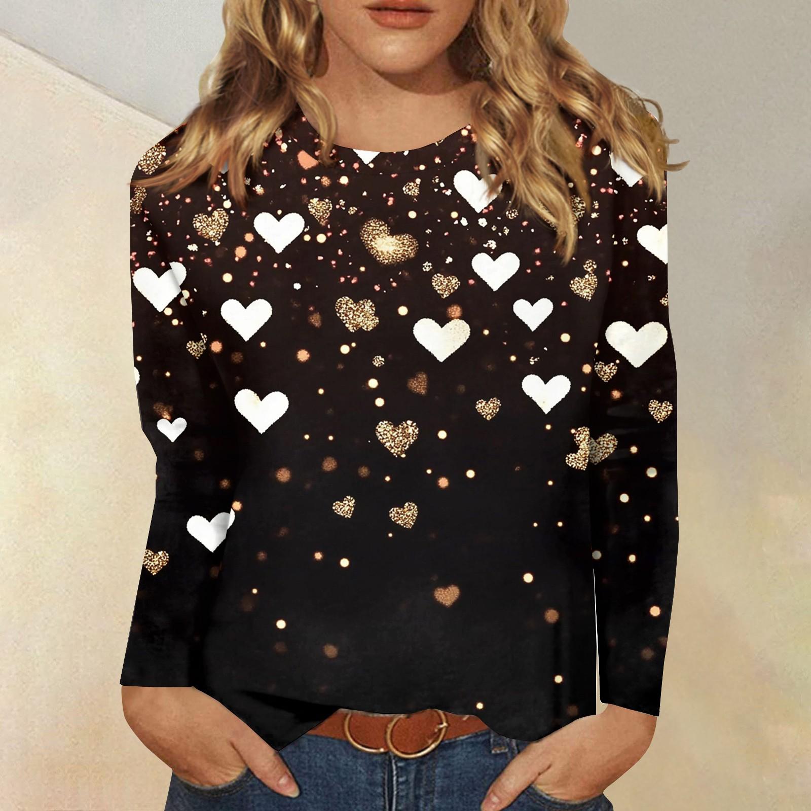 

Рубашки с длинным рукавом для женщин Милые принты Футболки Блузки Повседневные Большие размеры Базовые топы Пуловеры День святого Валентина XXXL чёрный