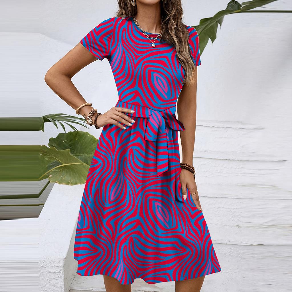 Women's Fashionable Retro Patterned Printing Color Blocked Belt Casual Dress