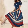 Women Plus Size Beige Round Neck Short Sleeve Printed Gathered Waist A Line Long Dress
