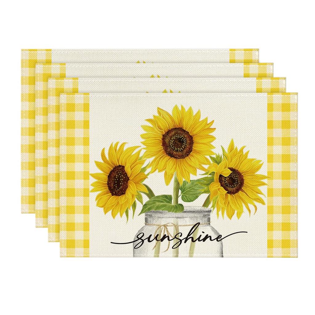 Buffalo Plaid Sunflower Sunshine Vase Summer Placemats Set of 6, 12x18 Inch Spring Table Mats for Party Kitchen Dining Decoration