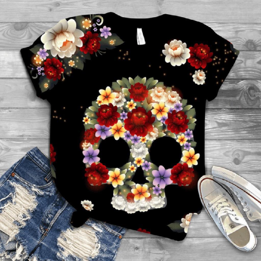 Summer Round Neck 3D Skull Print Top Fashionable Casual Short Sleeved Women's T-shirts