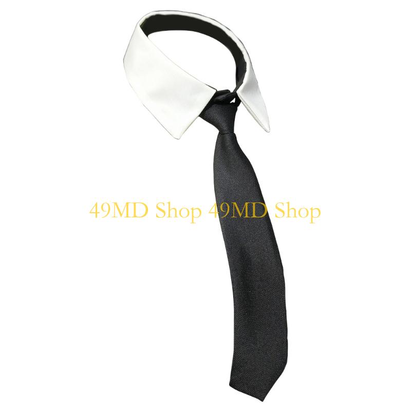 49MD Stylish Removable Faux Collar with Elegant Black Long Tie Front Decorative Blouse Choker Collar Accessory for Women Girl CN