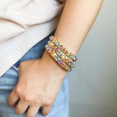 Super Flash Temperament Fat Square Plated Colored Macaron Diamond Bracelet Elastic Bracelet Suitable For Women'S Daily Wear