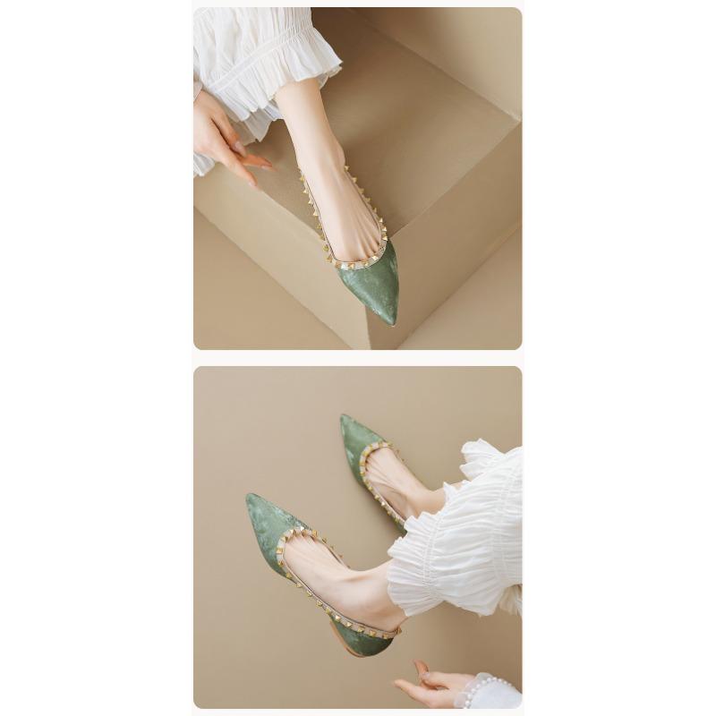 Spetsiga damskor platta sommarskor fransk temperament grund mun nitar milda kvällsskor