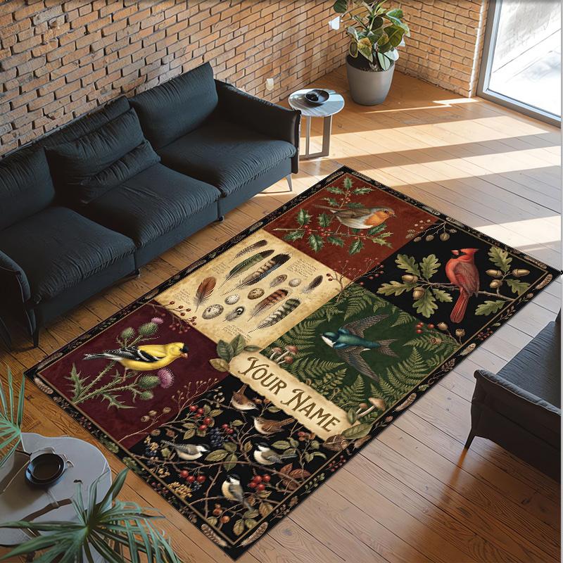 Birds Theme Crystal Velvet Floor Rug Personalized Custom Name Text Warm Carpet Home Decoration