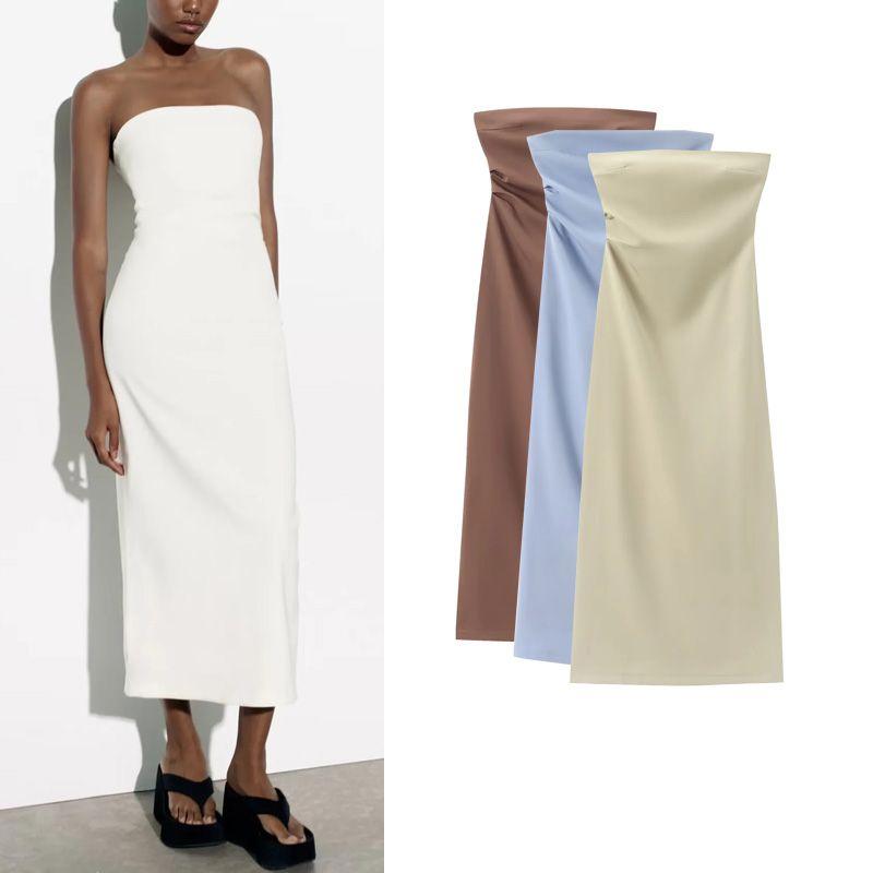 Spring New Western Style Temperament Slim fit Straight Collar Strapless Design Tube Top Midi Dress 2698707