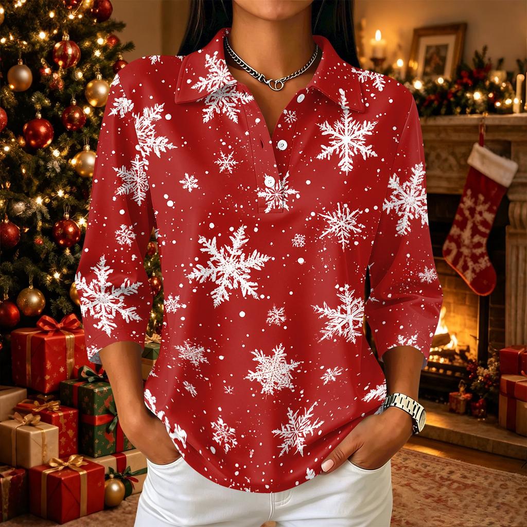Damen Freizeithemd mit 3/4 Ärmeln, Kragen und Knopfleiste mit Weihnachtsdruck