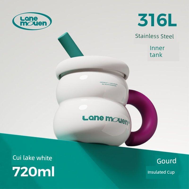 Lane Mouen Large-Capacity Thermos Cup, High-Looking Water Cup for Girls, 316L Stainless Steel Cup, Straw Cup Lanmeng Gourd Thermos Cup Cuihu White C 720ml