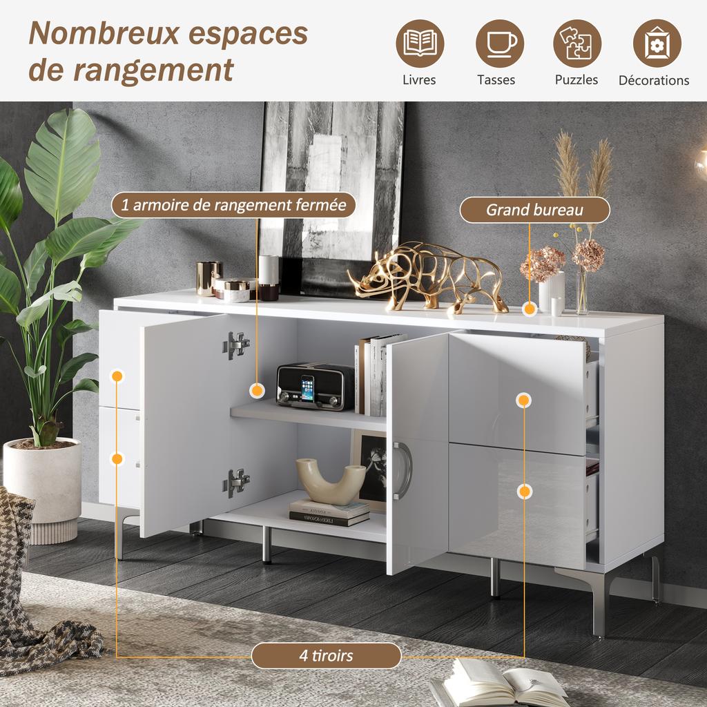 Mobiletto Laterale 150*38*59,5cm con 4 Cassetti, 2 Ante, Credenza Lucida, Piedini di Supporto in Metallo, Ampie Nicchie Senza Maniglie, Bianco, MDF