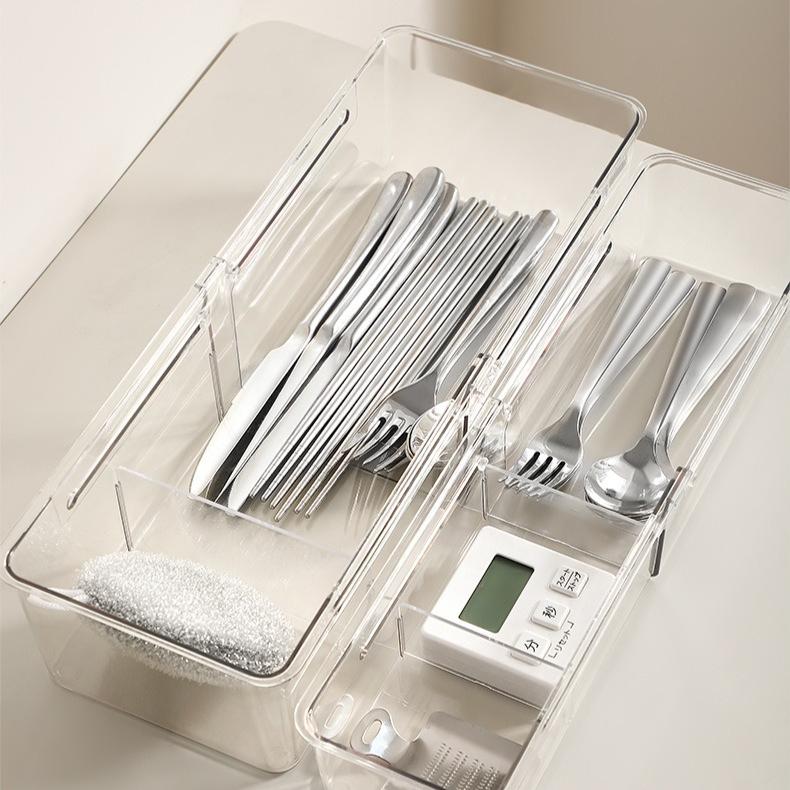2026 Extendable Drawer Storage Box, Transparent PET Cutlery Organizer Box for Kitchen Tableware Sorting