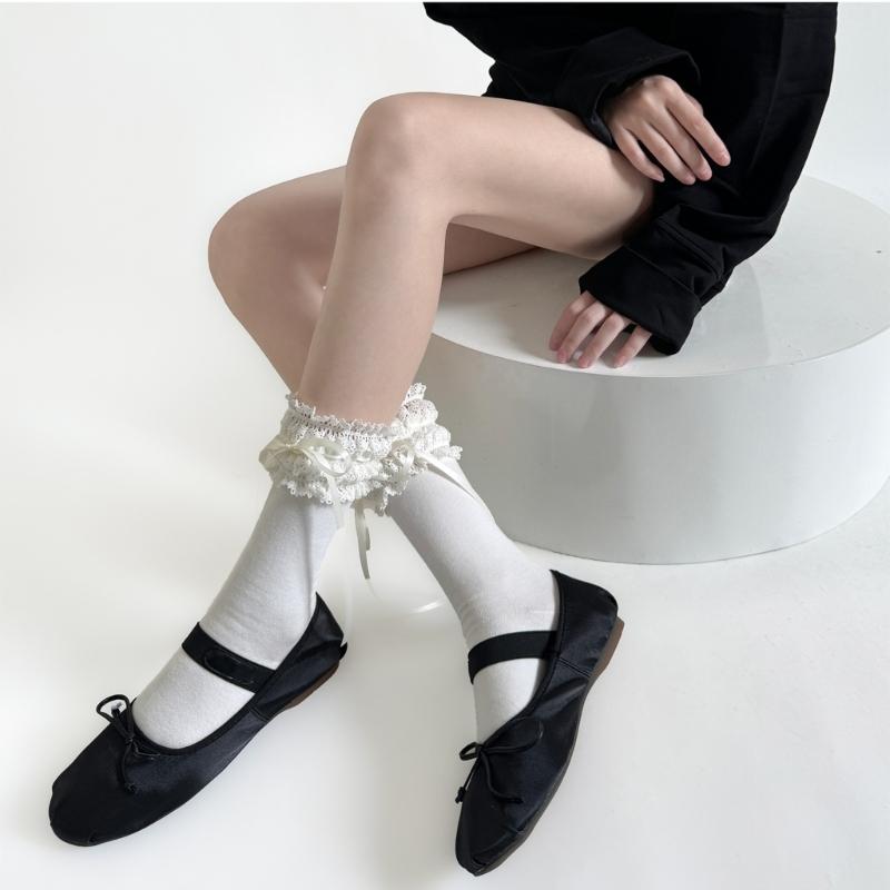 Fashionable Over The Knee Socks with Cute Ribbon Bowknot Stretchy Lace Trimmed Thigh High Long Stockings for Women