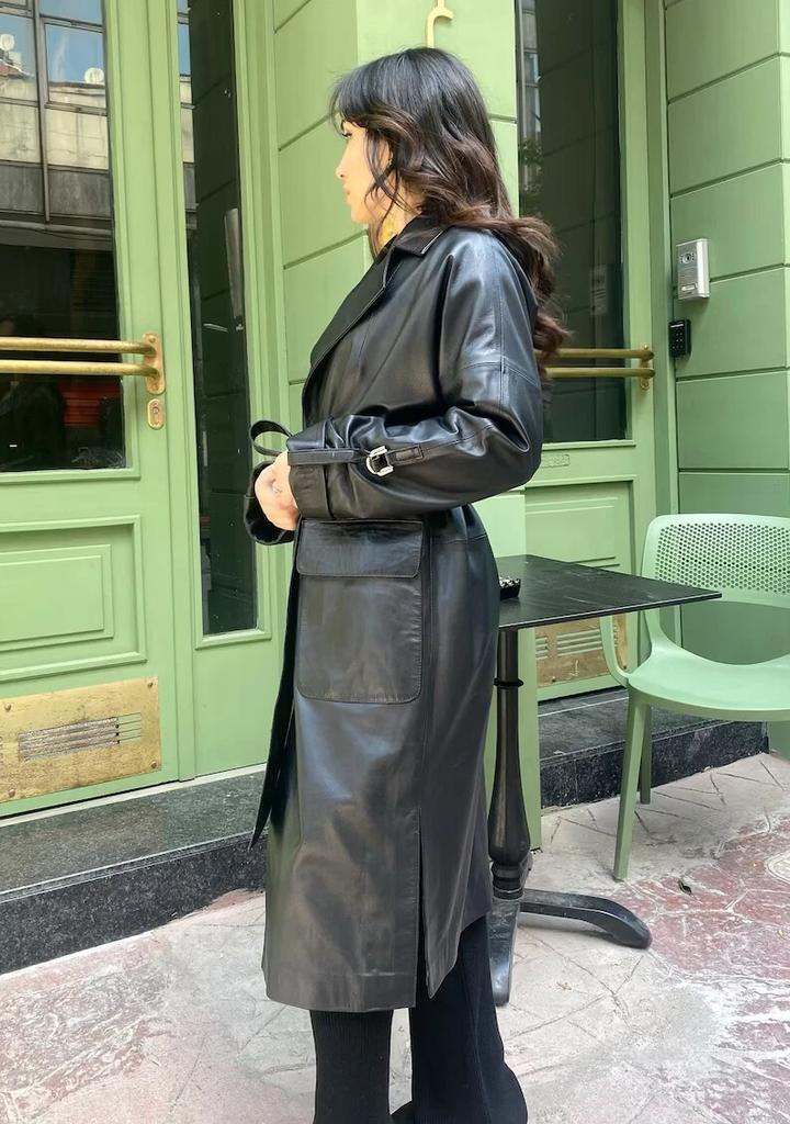 Lambskin Women's Black Trench Coat  Leather Genuine Handmade Long Party Stylish