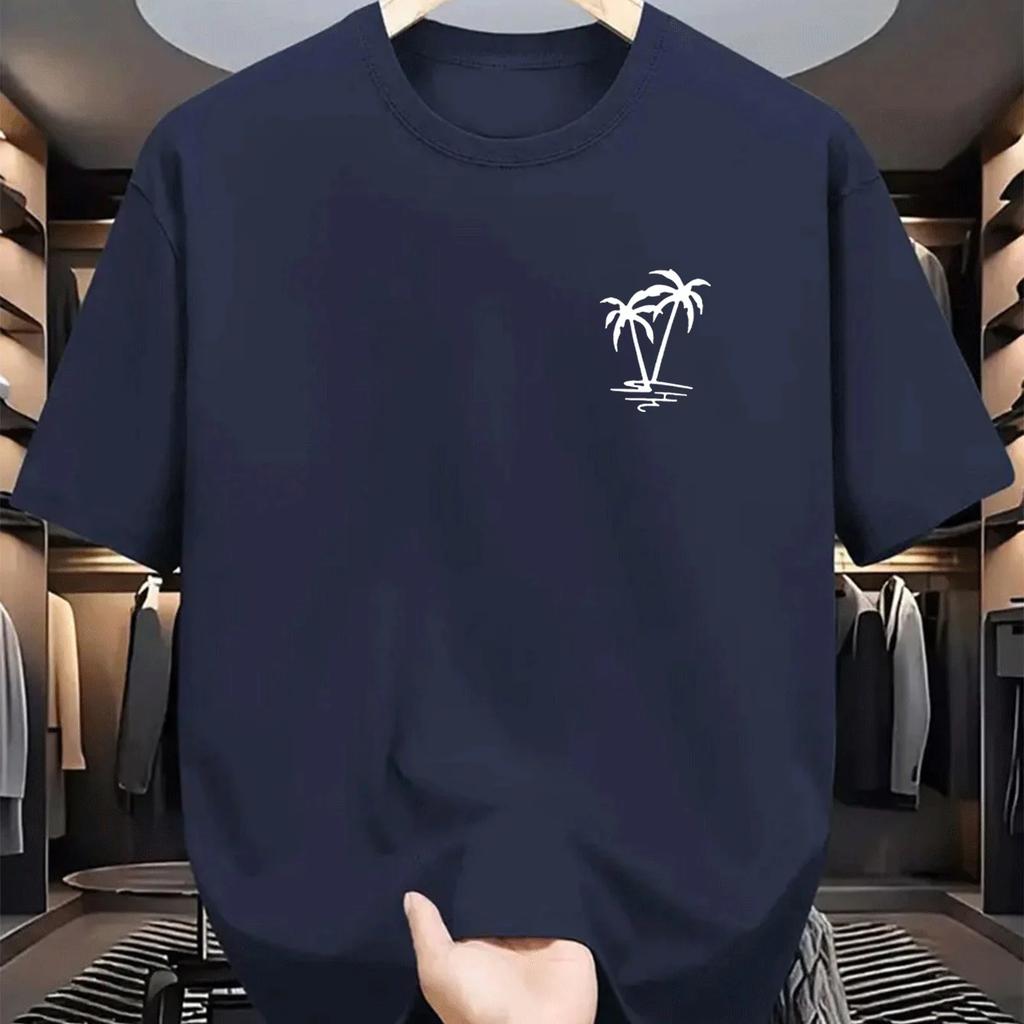Modisches lässiges lockeres Herren-T-Shirt Top mit Kokospalmenmuster-Aufdruck, Rundhalsausschnitt, kurzärmelig
