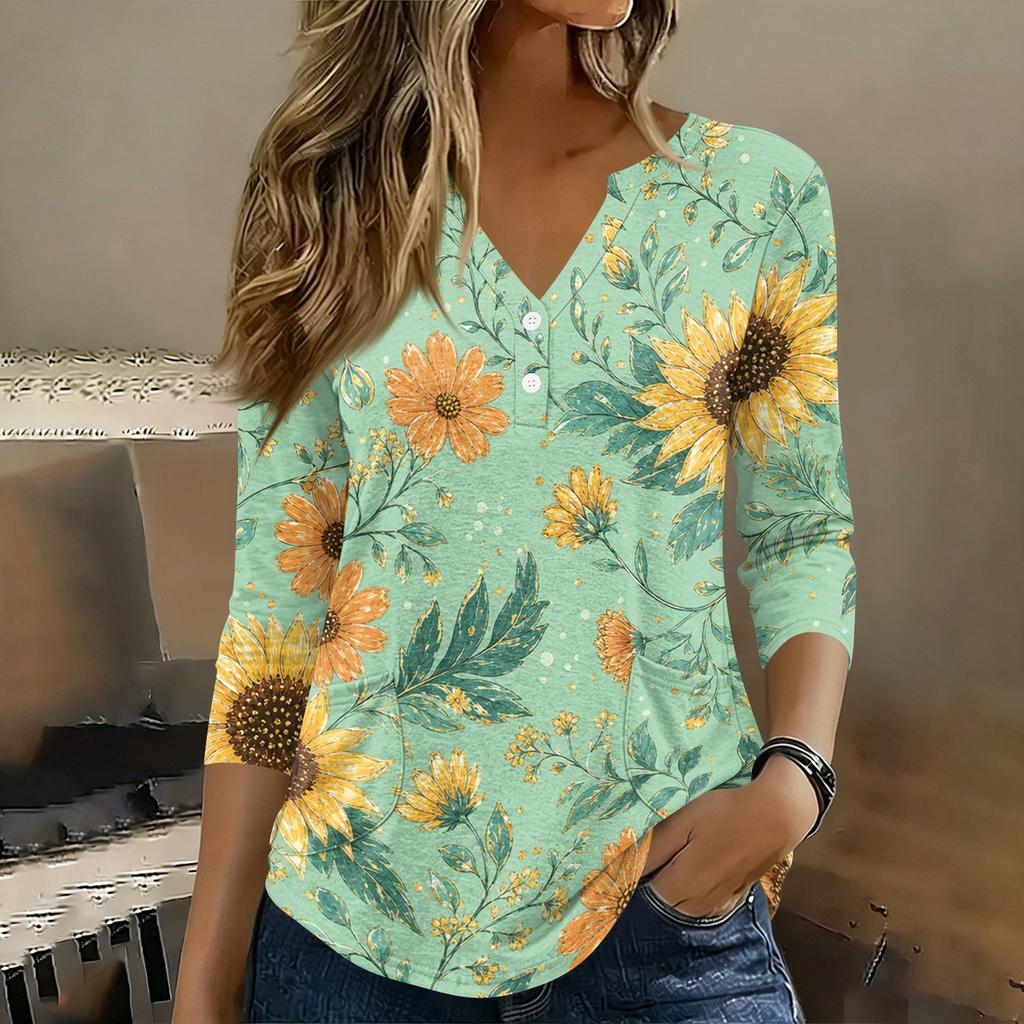 Women 3/4 Sleeve V Neck Henley Floral Print Pullover Casual T Shirt Top Lightweight Soft Fabric Comfortable Fit