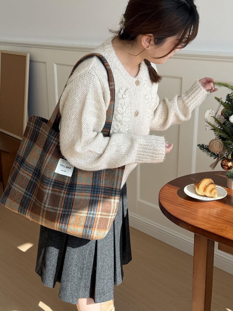 Vintage Literary British Plaid Woolen Women's Shoulder Bags Versatile Ladies Handbag Casual Large Capacity Female Tote Bag