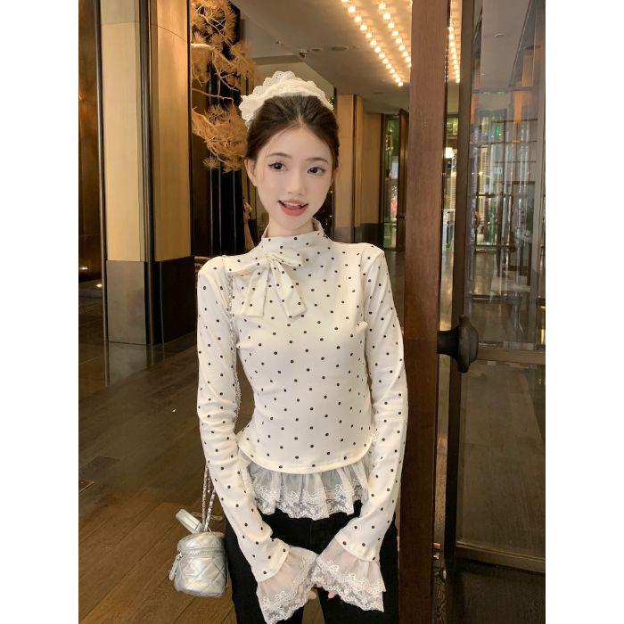 

Корейский топ с бантом и кружевной отделкой в горошек: Полувысокий воротник, длинный рукав для женской весенне-осенней моды XL белый