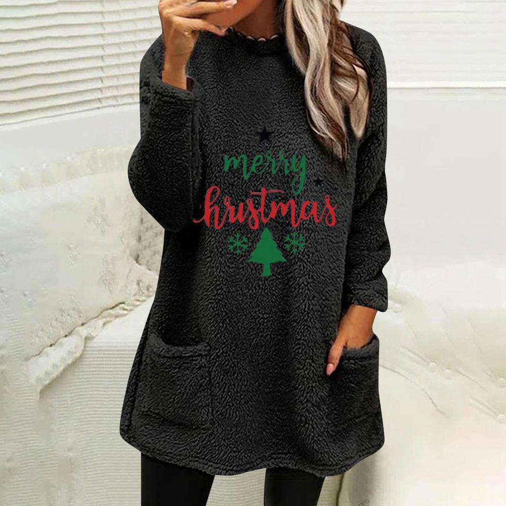 Green Christmas Print Plush Hoodie with Pockets - Women's Loose Fit, Round Neck, Long Sleeve (Autumn/Winter Collection)