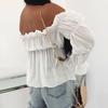 Women Sexy Solid Color Long Sleeve Off Shoulder Ruffled Edges Short Blouse Top