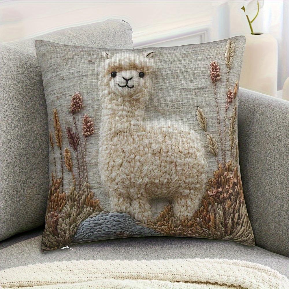 2D Flat Printing Vintage Alpaca Embroidery Throw Pillow Cover -Non-real Embroidery, Soft Plush Polyester