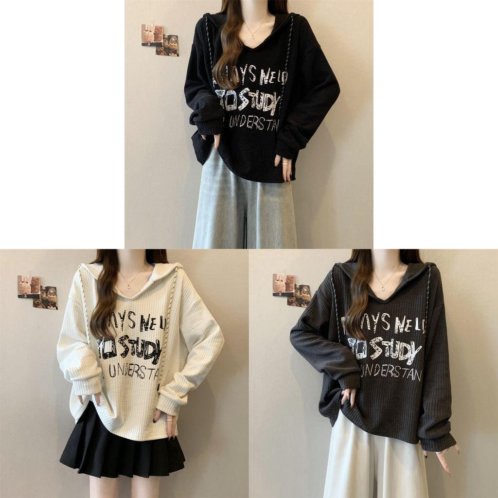 T Shirt Women Long Sleeve Print Polyester Casual Loose Fit For Office Wear