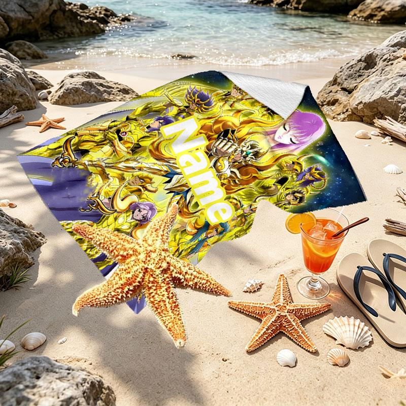 Custom Name Personalized Saint Seiya Print Beach Towel, for Trip Camping Beach Party Home Decor, Birthday Gift for Family & Friends