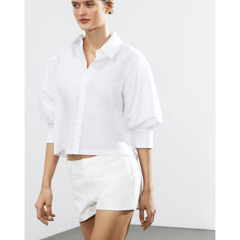 Spring and Summer New Women's Clothing Commute Leisure Decorated Row Button Cotton Puff Sleeves Poplin Lapel Shirt 2731082