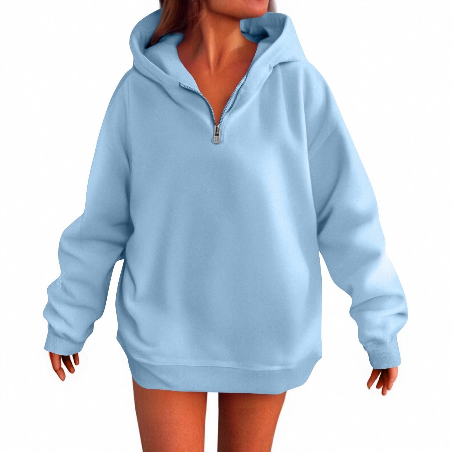 Женская мода Повседневные толстовки с капюшоном и длинным рукавом однотонные топы L светло-синий 1790₽
