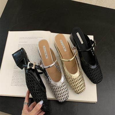2025 New Hollow Woven Bag Head Slippers Women's Low-heeled Cool Slippers One Word with Thick Heel Large Size Half-drag Sandals Women
