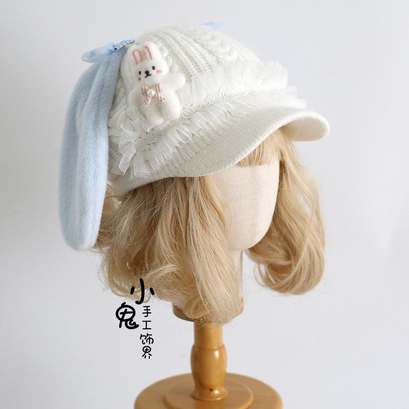 

Original Plush Beret Pink Blue Bow Rabbit Ears Baseball Cap Autumn and Winter Warm Wool Hat for Women синий