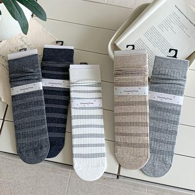 Mid-calf Pile Socks for Girls' School Style, Fine Striped Basic Color-blocked Cotton Socks, Boneless Socks