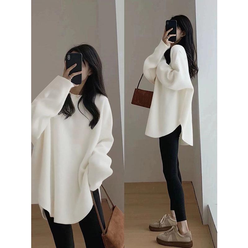Women's White Long-Sleeve Loose Fit Velvet Base Shirt for Autumn/Winter 2025