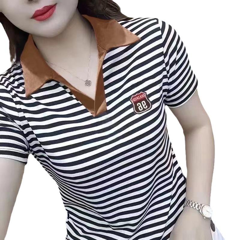 Polo Shirt Short-sleeved T-shirt Women's Summer New Striped Slim and Fashionable Versatile Top
