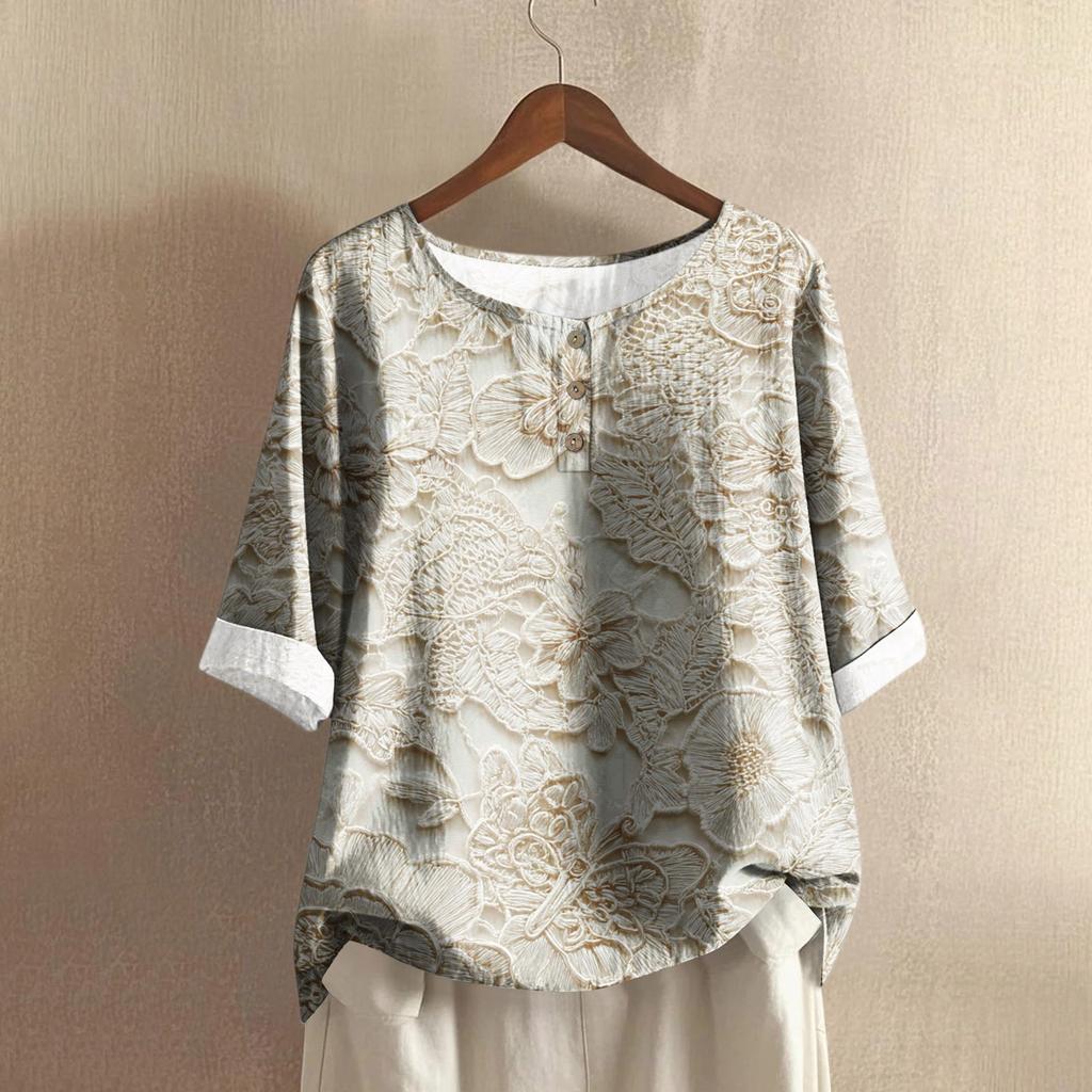 Women's Fashionable And Casual Shirt Half-sleeve Round Neck Print Cotton And Linen Blouse Top
