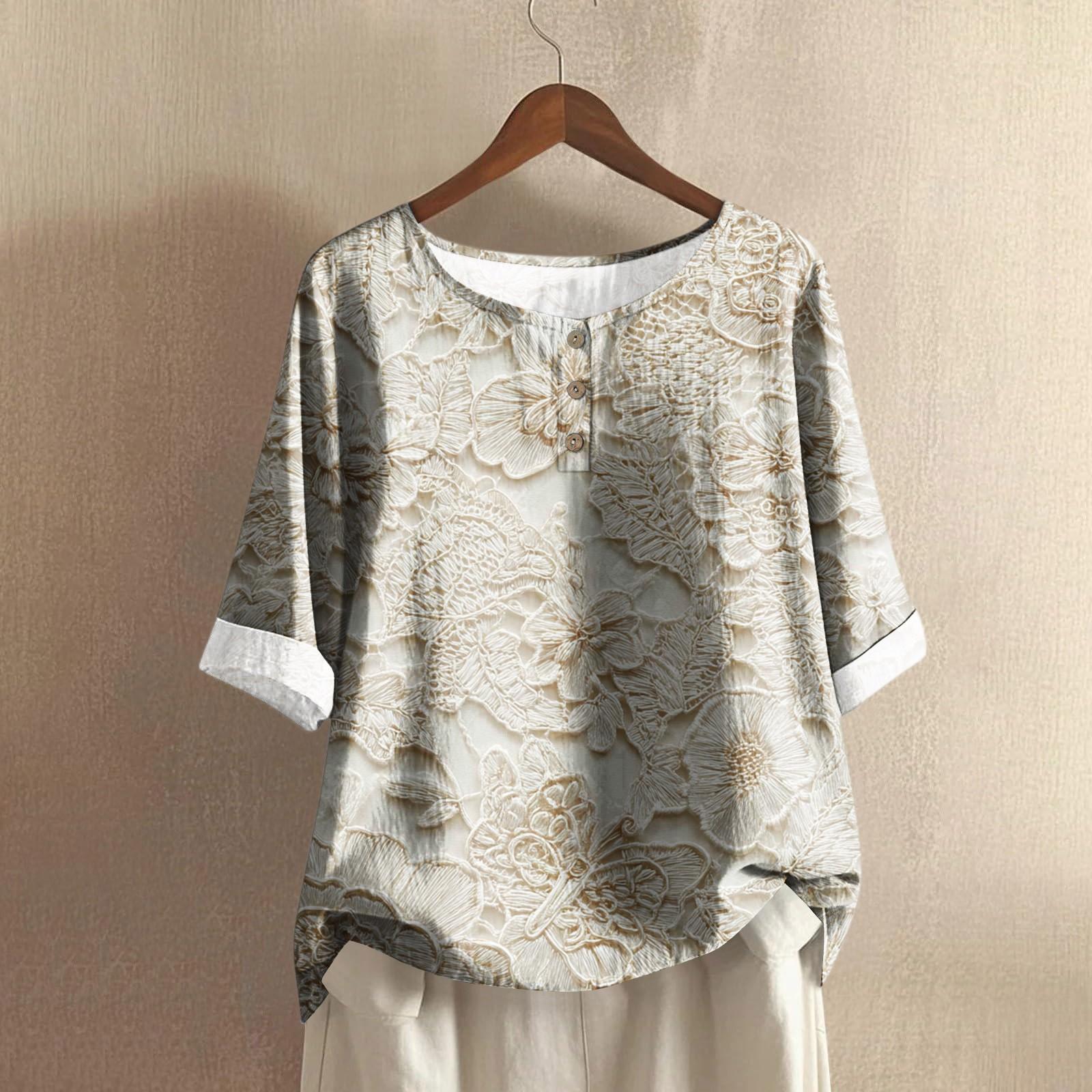 

Женская модная и повседневная рубашка с полурукавом, круглым вырезом, принтом, из хлопка и льна, блузка-топ M бежевый