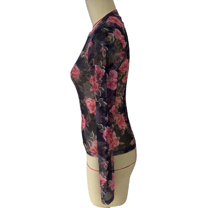 2026 Spring/Summer New Women's Rose Floral Print Round Neck Mesh Slim Fit Long Sleeve Top
