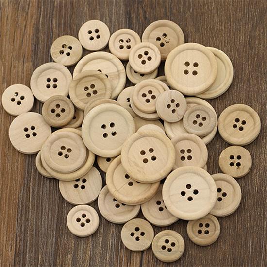 50Pcs Wooden Buttons Natural Color Round 4-Holes Sewing Scrapbooking