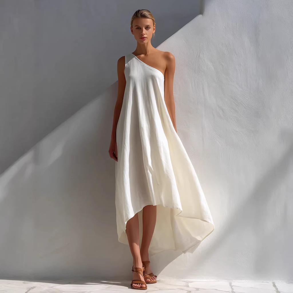 Europäisches und amerikanisches Sommerkleid, vorne kurz und hinten lang, unregelmäßig, für den Urlaub, lässig, ärmellos, schräg geschnittene Schulter