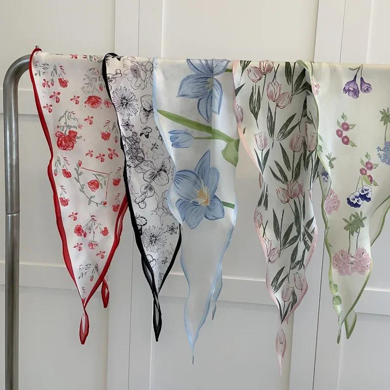 Fashion Silk Satin Scarf Women Long Headband Cute Neckerchief Flora Print Hair Tie Scarfs For Ladies Skinny Hairband Bag Scarves